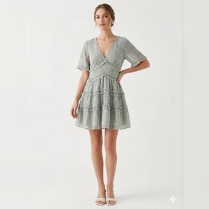 Princess Polly Candice MIni Dress In Sage Green Printed V-Neck